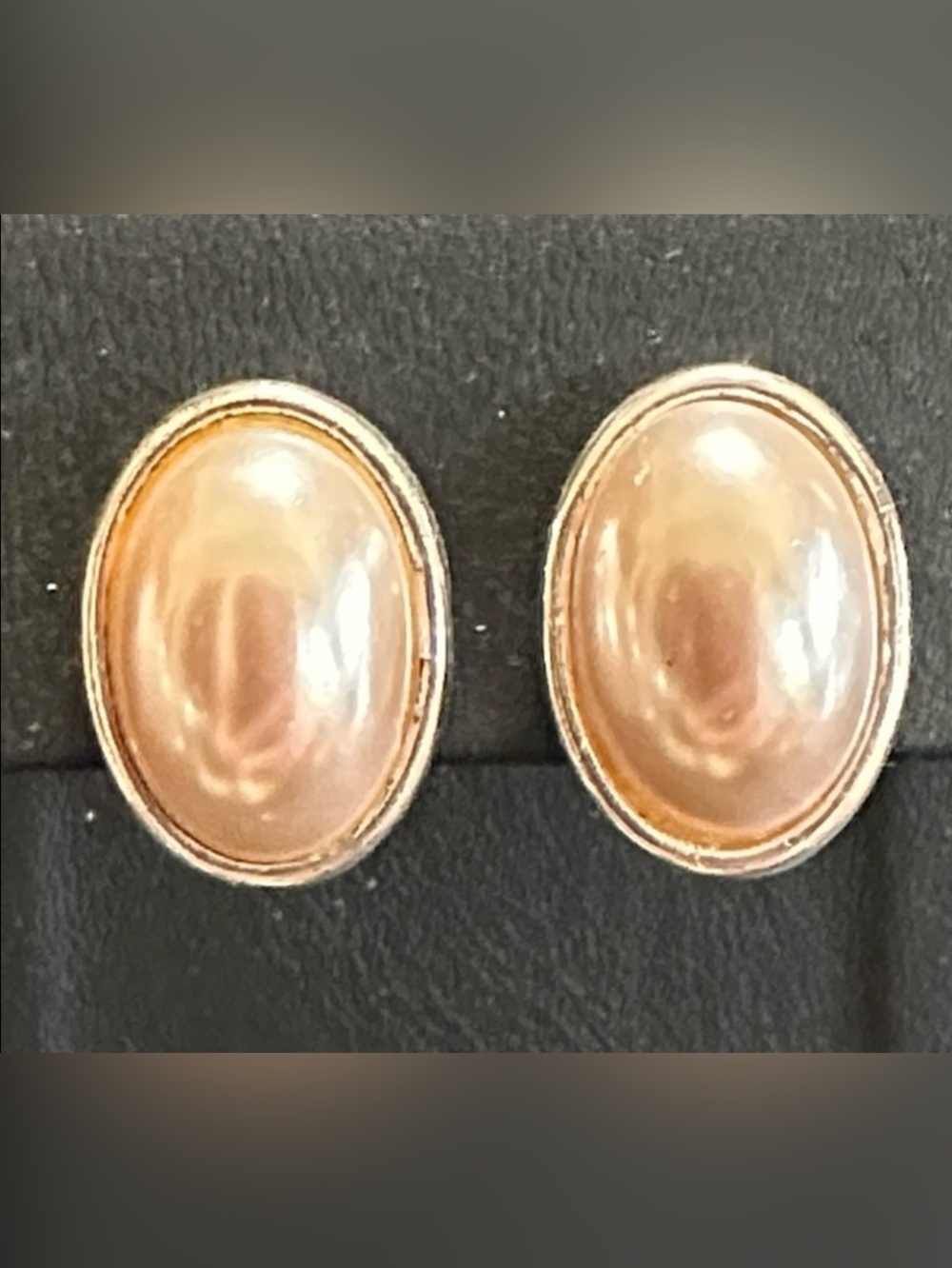 Monet Clip On Oval Faux Pearl Cabochon Silver Tone Vintage Earrings